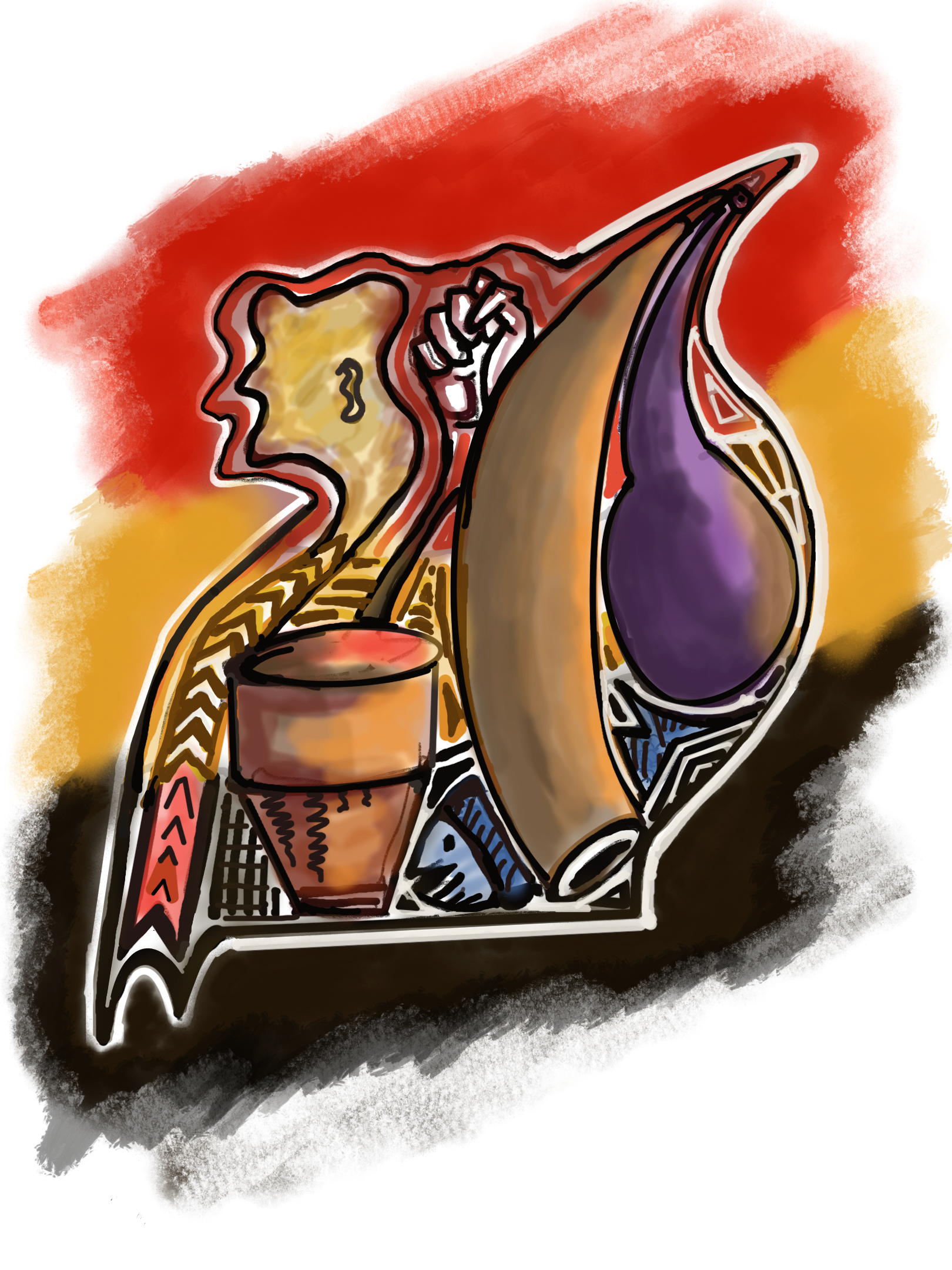 In Africa the pearl where black, yellow and red mix and the drums for music, horn for cows and drinking with fish is common 